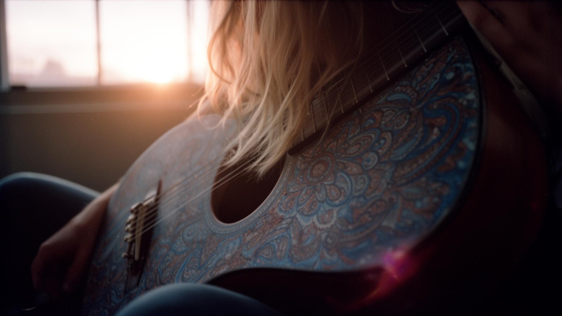 A vintage acoustic guitar resting on a motel bed in warm light