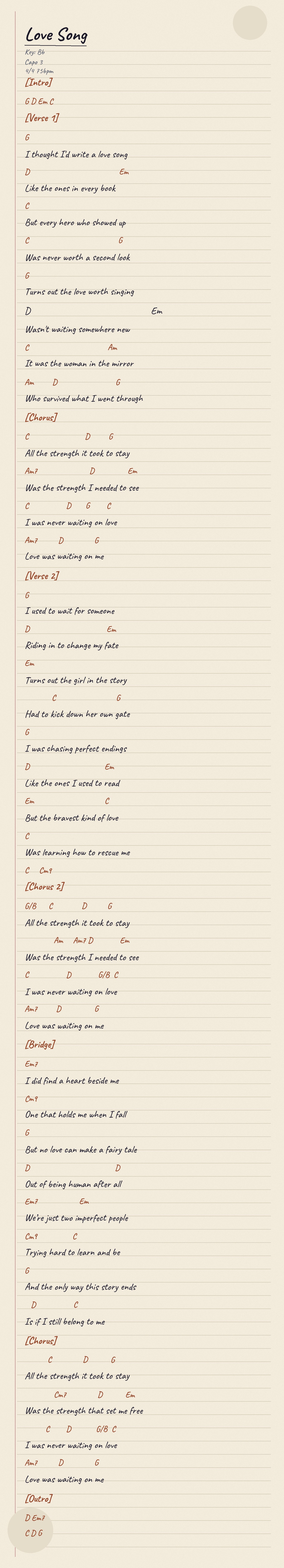 Handwritten lyric sheet for "Love Song"