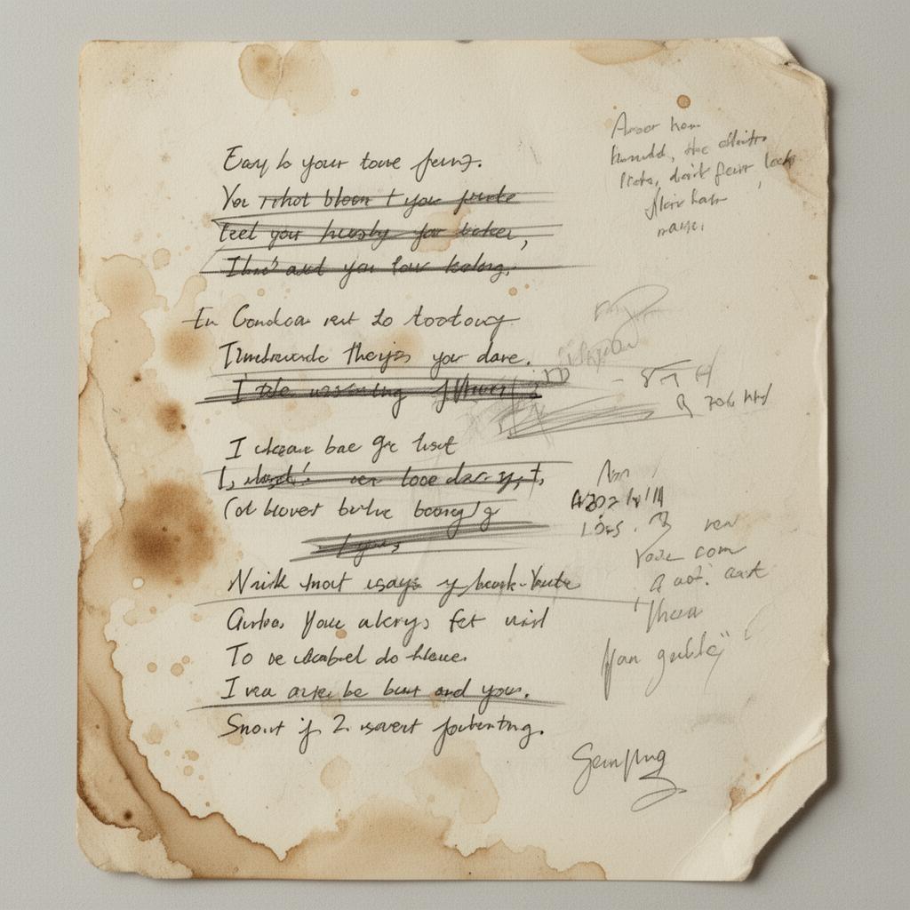 A weathered handwritten lyric sheet