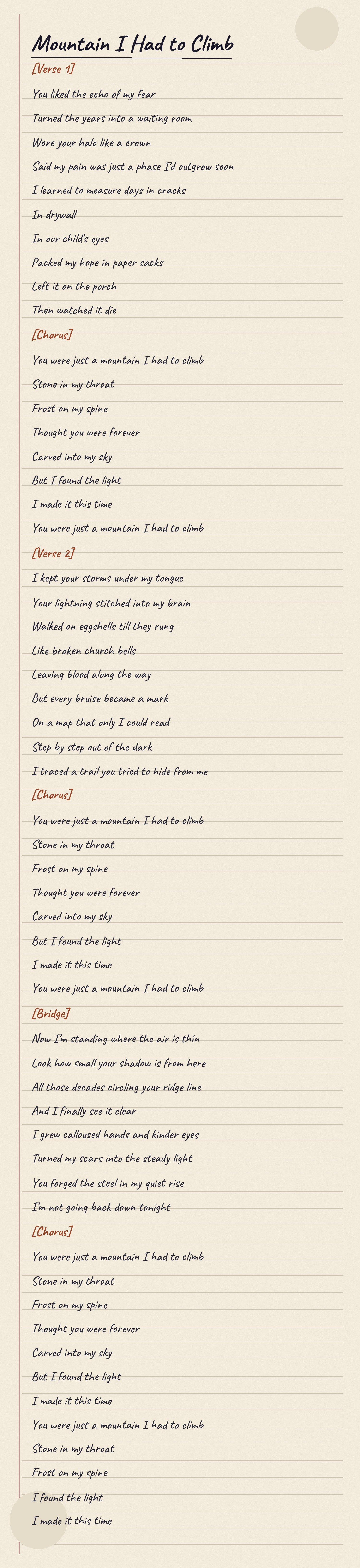 Handwritten lyric sheet for "Mountain I Had to Climb"