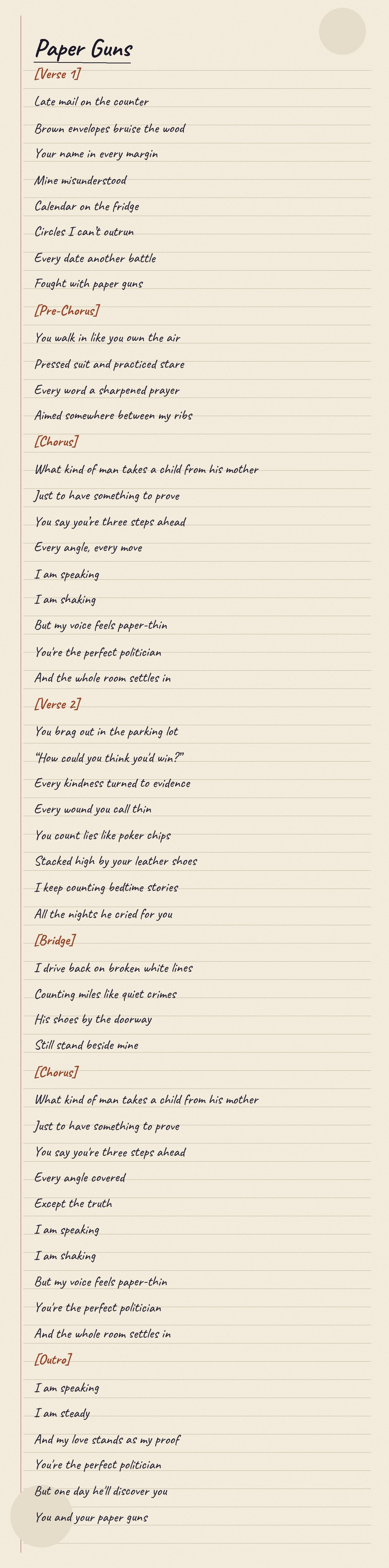 Handwritten lyric sheet for "Paper Guns"